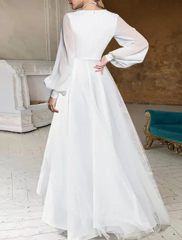 Abito Maxi da Donna Elegante Bianco con Scollo a V Manica Lunga Orlo Alto-Basso Strati di Chiffon in Rete per Matrimonio Festa Sera Banchetto