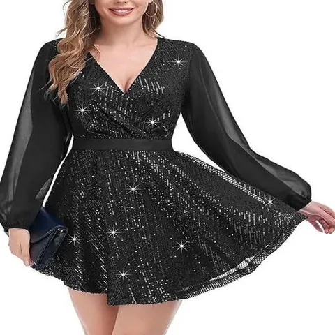 Women Sequin Polyester V-Neck Lantern Sleeve Party Dress Sexy Loose Mini Cocktail Evening Gown For Banquet Date Night