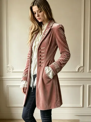 Elegante Giacca da Donna in Velluto Vintage Ricamata a Maniche Lunghe Stile Palazzo Capispalla di Media Lunghezza Con Tasche
