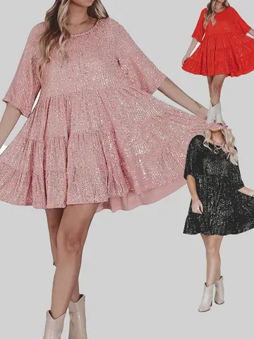 Women Shiny Sequin Half Sleeve Round Neck Ruffle Loose Midi Dress Banquet Evening Party Gown Polyester Sequin Dress