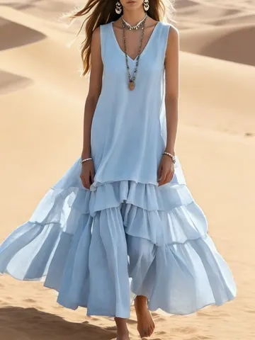 Women Bohemian V Neck Sleeveless Maxi Dress Tiered Ruffle Hem Solid Color Loose Casual Summer Beach Party Sundress