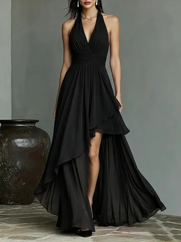 Elegant Chiffon Halter Backless V-Neck Evening Gown High Low Irregular Hem Maxi Dress For Banquet Wedding Party Women