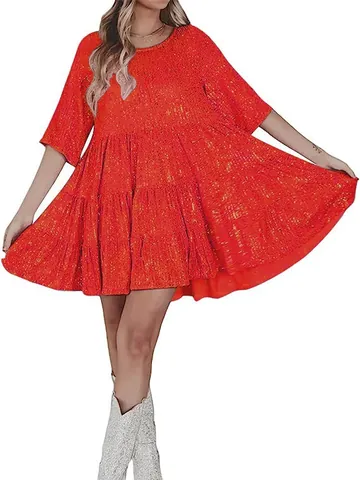 Women Shiny Sequin Half Sleeve Round Neck Ruffle Loose Midi Dress Banquet Evening Party Gown Polyester Sequin Dress