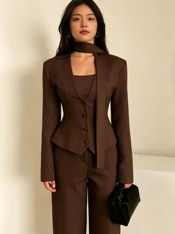 Damen V-Ausschnitt Schal Dekorative Blazer Langarm Gewebt Polyester Einfarbig Lässig Anzug Jacke Büro Elegant Mode Top