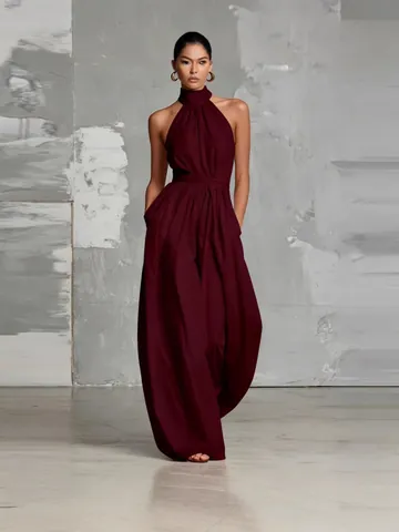 Women Halter Neck Wide Leg Jumpsuit Polyester Sleeveless High Waist Pleated Elegant Belted Backless Formal Party Clubwear Fashion Outfit