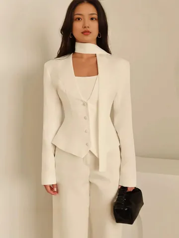 Damen V-Ausschnitt Schal Dekorative Blazer Langarm Gewebt Polyester Einfarbig Lässig Anzug Jacke Büro Elegant Mode Top