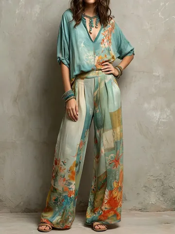 Conjunto de Dos Piezas para Mujer Estampado Floral Bohemio Cuello en V Top Suelto Pantalón Acampanado Talle Alto Pierna Ancha Moda Vacaciones