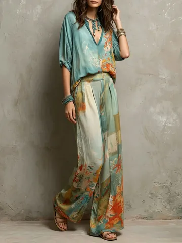 Conjunto de Dos Piezas para Mujer Estampado Floral Bohemio Cuello en V Top Suelto Pantalón Acampanado Talle Alto Pierna Ancha Moda Vacaciones