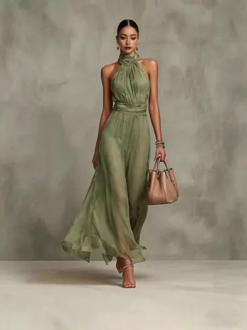 Women Halter Neck Solid Color Chiffon Maxi Dress Vacation Style Slimming Pleated Sleeveless Elegant Evening Party Long Dress