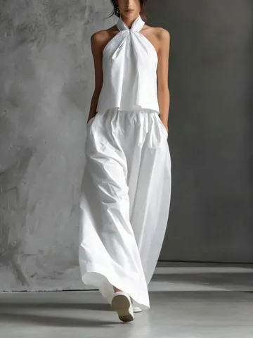 Top Senza Maniche Halter Estivo Da Donna E Pantaloni A Gamba Larga A Vita Alta Minimalisti Tinta Unita Abiti Casual Eleganti