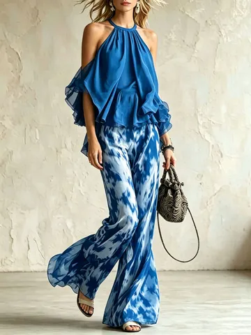 Top Senza Maniche in Chiffon da Donna e Pantaloni a Gamba Larga Stampati Top And Bottom Completi Estivi Casual da Spiaggia