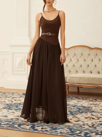Γαλλικό Chic Slim Patchwork Μάξι Φόρεμα Τιράντες Υψηλή Μέση Μεγάλη Κλος Καφέ Καφέ Μακρύ Φόρεμα Με Ζώνη Γυναικεία Κοσμήματα