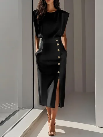 Elegant Sleeveless Midi Dress Round Neck Slit Button Waist Tie Solid Color Polyester Summer Commuter Office Party Dress