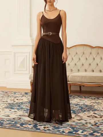 Γαλλικό Chic Slim Patchwork Μάξι Φόρεμα Τιράντες Υψηλή Μέση Μεγάλη Κλος Καφέ Καφέ Μακρύ Φόρεμα Με Ζώνη Γυναικεία Κοσμήματα
