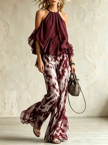 Top Senza Maniche in Chiffon da Donna e Pantaloni a Gamba Larga Stampati Top And Bottom Completi Estivi Casual da Spiaggia