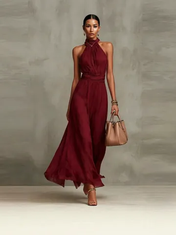 Women Halter Neck Solid Color Chiffon Maxi Dress Vacation Style Slimming Pleated Sleeveless Elegant Evening Party Long Dress