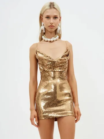 Women Sexy Gold Sequin V Neck Cami Backless Mini Dress Cowl Neck Sparkly Bodycon Nightclub Evening Party Dress
