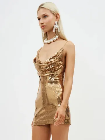 Women Sexy Gold Sequin V Neck Cami Backless Mini Dress Cowl Neck Sparkly Bodycon Nightclub Evening Party Dress