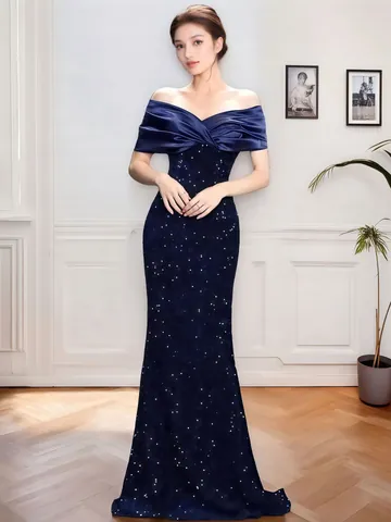 Vestido de Noche de Sirena con Hombros Descubiertos y Lentejuelas para Mujer Elegante Vestido de Fiesta Rojo Vino Negro Azul Profundo
