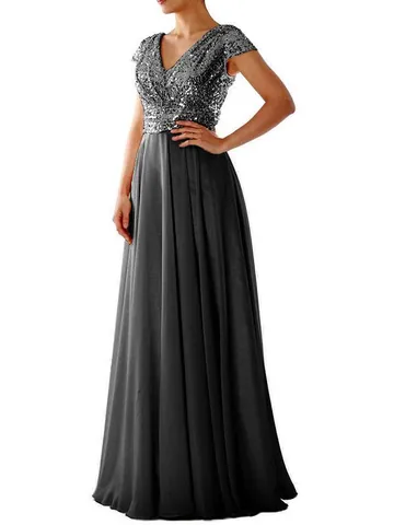 Women V-Neck Sequin Chiffon Patchwork Evening Gown Elegant Sleeveless Maxi Dress For Banquet Wedding Party