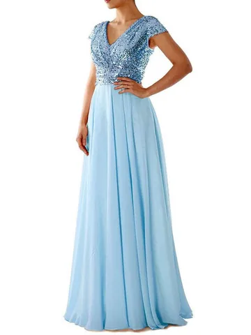 Women V-Neck Sequin Chiffon Patchwork Evening Gown Elegant Sleeveless Maxi Dress For Banquet Wedding Party