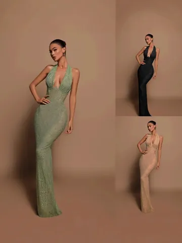 Vestido Largo de Lentejuelas Con Cuello Halter para Mujer Elegante Vestido de Noche Ajustado Sin Espalda Verde Negro Champaña Poliéster