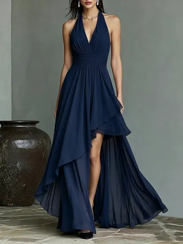 Elegant Chiffon Halter Backless V-Neck Evening Gown High Low Irregular Hem Maxi Dress For Banquet Wedding Party Women