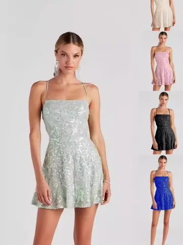 Women Sexy Sequin Spaghetti Strap Mini Dress Backless Crisscross Strap Party Nightclub Dress Slim Fit Bodycon Summer Dress