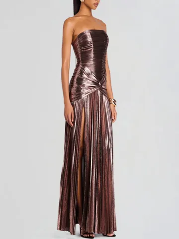 Vestito Maxi Plissettato Metallico da Donna Sexy Senza Spalline Tubino Spacco Alto Abito da Sera Elegante Viola Profondo Bodycon
