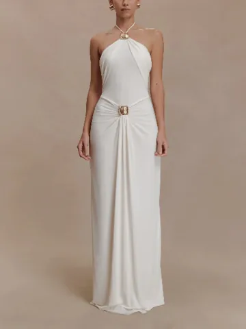Women Halter Neck Ruched Bodycon Maxi Dress Elegant Sleeveless Streamer Backless Long Dress With Metal Buckle
