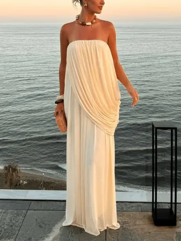 Dames Strapless Geplooide Maxi-Jurk Sexy Off-White Chiffon Mouwloos Slim Fit Party Socialite Effen Kleur Vloerlengte Jurk
