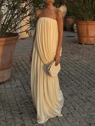 Dames Strapless Geplooide Maxi-Jurk Sexy Off-White Chiffon Mouwloos Slim Fit Party Socialite Effen Kleur Vloerlengte Jurk