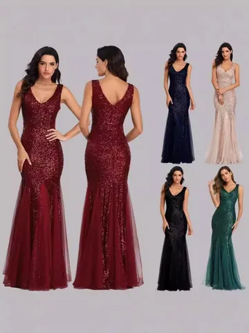 Women V Neck Sleeveless Sequin Mermaid Evening Dress Slim Fit Mesh Splicing Long Prom Party Dress Wedding Formal Gown