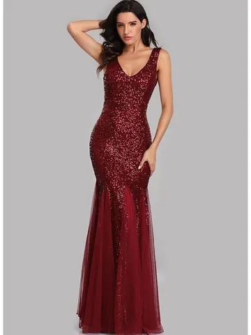 Women V Neck Sleeveless Sequin Mermaid Evening Dress Slim Fit Mesh Splicing Long Prom Party Dress Wedding Formal Gown