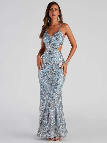 Elegantes Pailletten Meerjungfrau Abendkleid Sexy Tiefer V-Ausschnitt Rückenfrei Formales Party Abschlussball Maxikleid Damen Hochzeitsgast