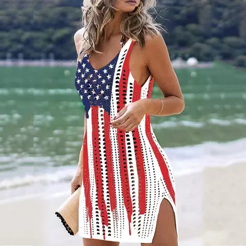 Copricostume da Spiaggia Sexy all'Uncinetto da Donna Abito in Maglia Traforata Senza Maniche con Scollo a V Abito Estivo Corto per Bikini