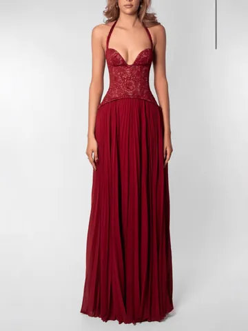 Women Sexy Halter Backless Maxi Dress Low Neck Lace Corset Top Pleated Long Party Gown Polyester Dress
