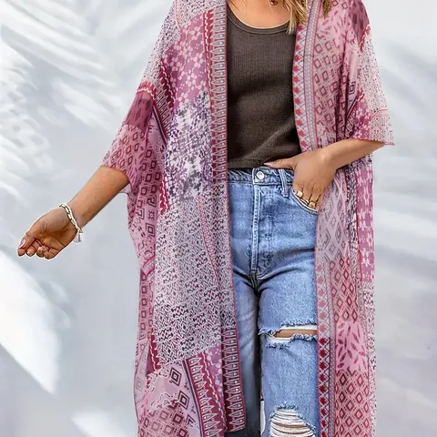 Women's Geometric Print Beach Cover Up Cardigan Long Sleeve Polyester Bohemian Sun Protection Kimono Top for Summer Vacation