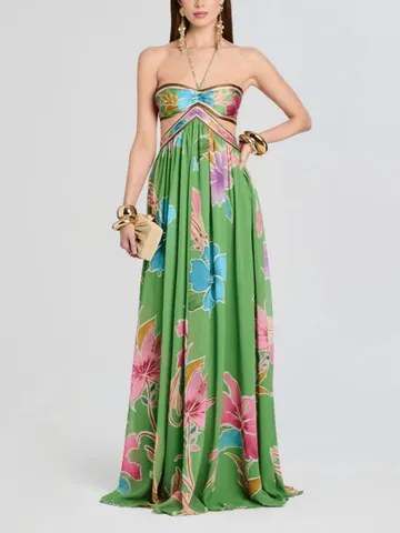 French Style Floral Halter Neck Cut-Out Backless Maxi Dress For Women Summer Vacation Resort Wear Polyester Long Dress