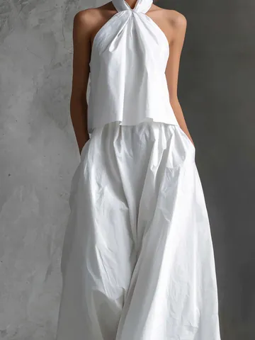 Top Senza Maniche Halter Estivo Da Donna E Pantaloni A Gamba Larga A Vita Alta Minimalisti Tinta Unita Abiti Casual Eleganti