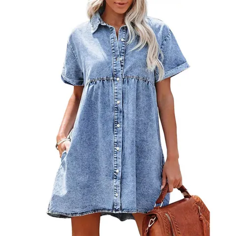 Damen Casual Washed Denim Hemdkleid Kurzarm Revers Button Up Rüschen Stufen Babydoll Kleid Baumwolle Jeans Minikleid