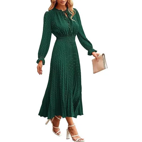 Women Swiss Dot V Neck Pleated Midi Dress Smocked Waist A Line Elegant Sleeveless Long Sleeve Beach Vacation Dress
