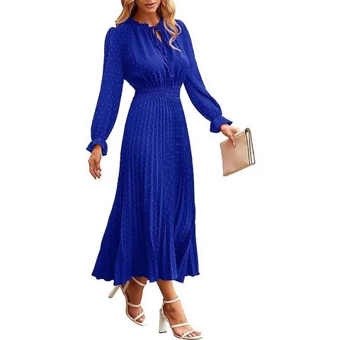 Women Swiss Dot V Neck Pleated Midi Dress Smocked Waist A Line Elegant Sleeveless Long Sleeve Beach Vacation Dress