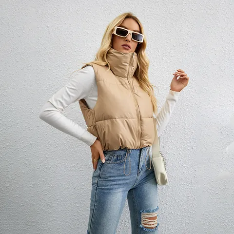 Gilet Imbottito Corto Casual da Donna in Poliestere Cotone Piumino Tinta Unita Collo Alto Senza Maniche Gilet Trapuntato Top