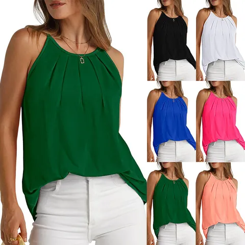 Canotta Donna Scollo a Halter con Pieghe Cotone Tinta Unita Spalline Sottili Orlo Curvo Manica Corta