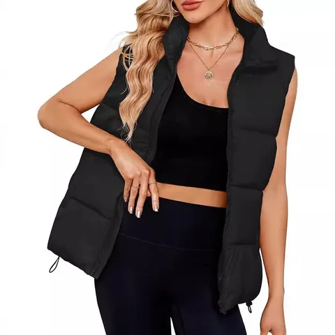 Dames Gewatteerde Bodywarmer Opstaande Kraag Mouwloze Jas Winter Warme Bodywarmer Met Rits Koordsluiting Top