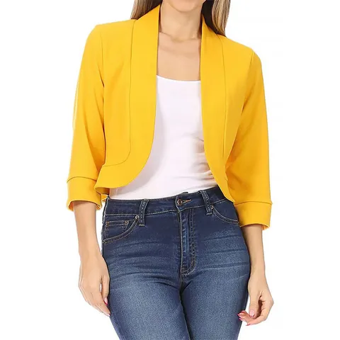 Women's Solid Color Cropped Blazer Jacket Cotton Blend Three-Quarter Sleeve Open Front Slim Fit Shrug Bolero Office Top