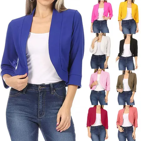 Women's Solid Color Cropped Blazer Jacket Cotton Blend Three-Quarter Sleeve Open Front Slim Fit Shrug Bolero Office Top