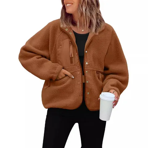 Women Casual Polar Fleece Jacket Stand Collar Button Up Loose Thick Sporty Outerwear With Pockets Solid Color Autumn Winter Top