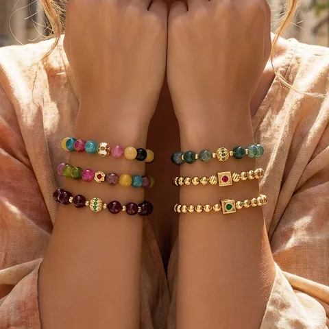 Vintage Natural Stone Beaded Bracelet For Women Men Handmade Tourmaline Garnet Elastic Bracelet Gold Copper Jewelry Gift